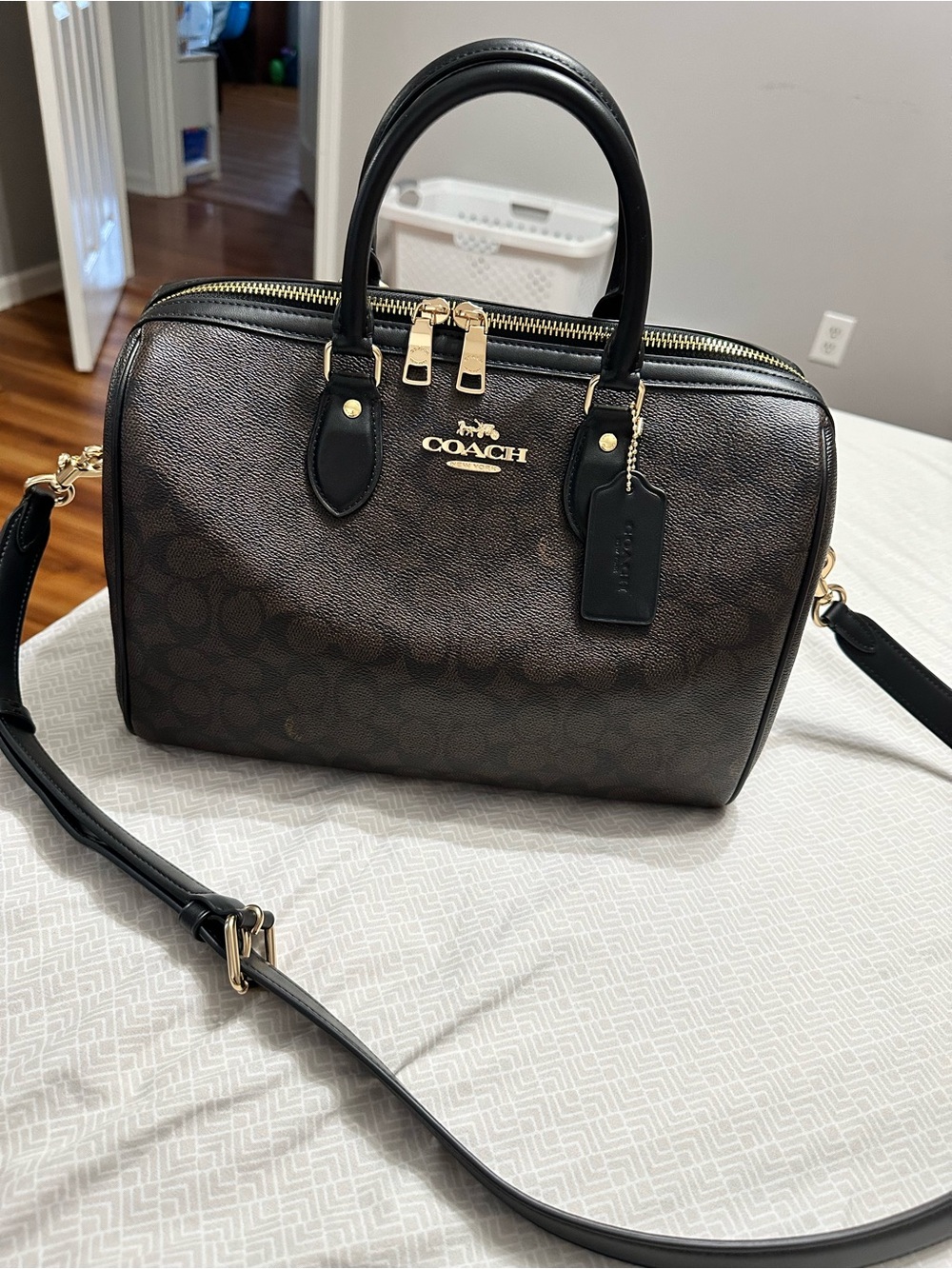 Coach Brown Signature Satchel with Black Handles and Gold Hardware